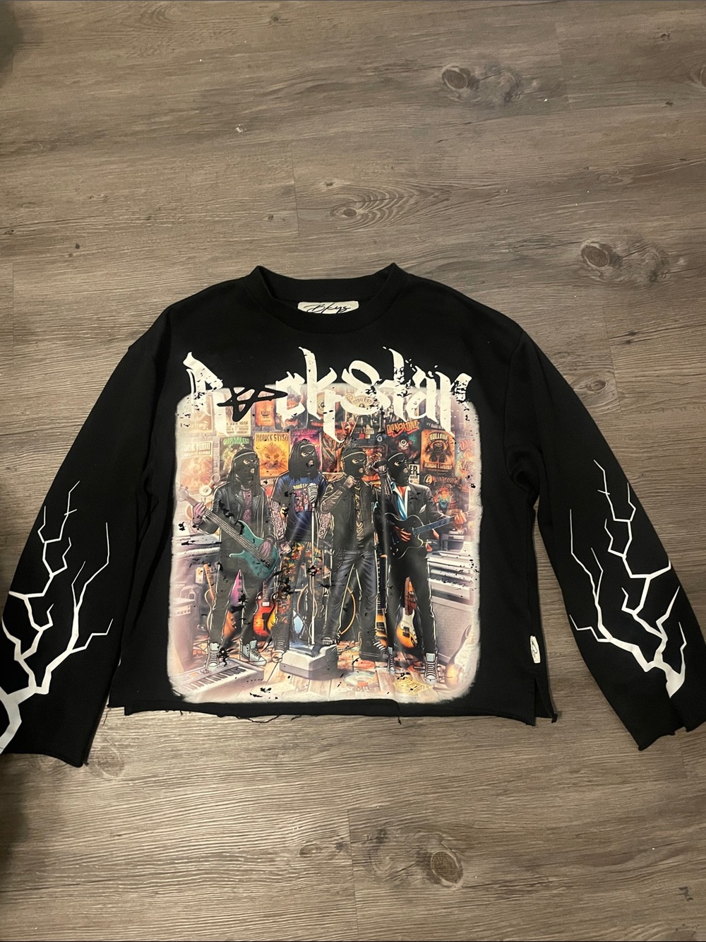 Black Graphic Band Crewneck Sweater with White Sleeve Lightning
